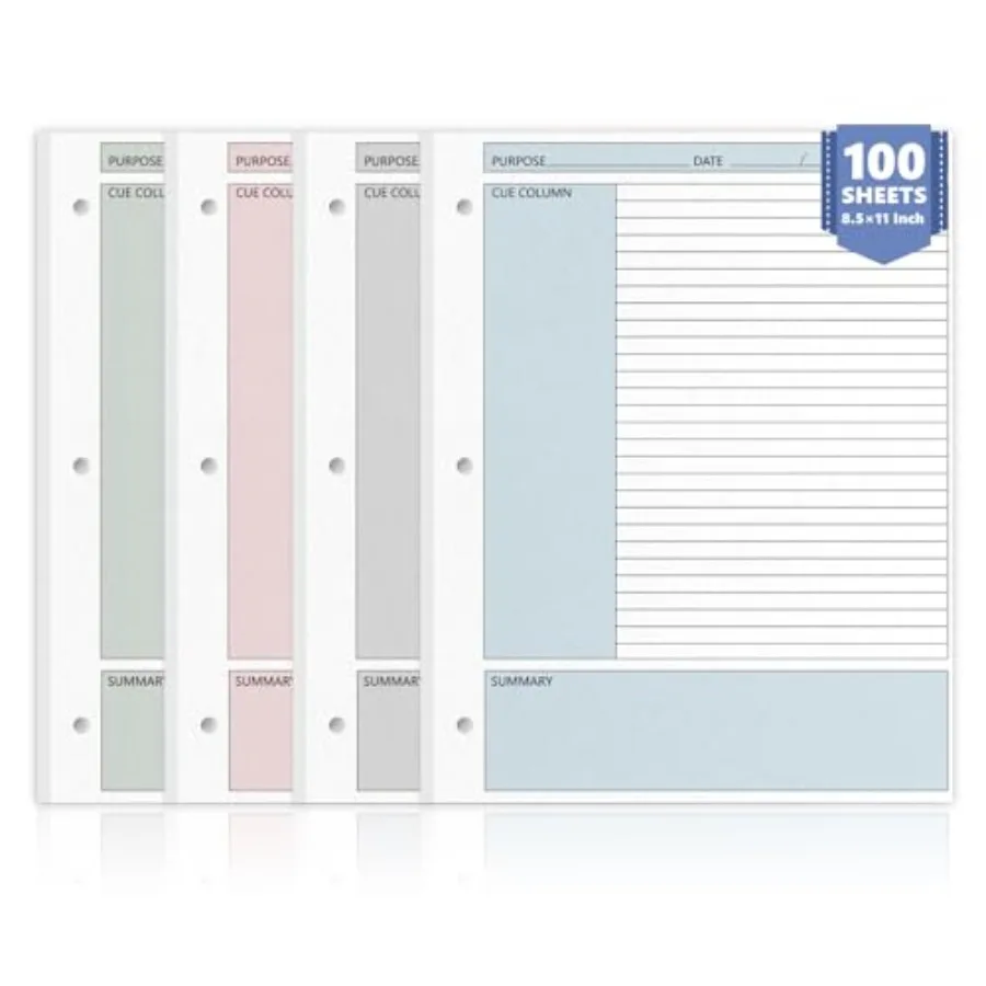 

Sheet Colored Cornell Notes Loose Leaf Paper 8.5×11 Inch for 3 Ring Binder Taking System Filler Paper College Ruled Notebook Pa