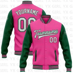 Custom Pink White-Kelly Green Bomber Full-Snap Varsity Letterman Two Tone Jacket 3D Baseball Button Jacket