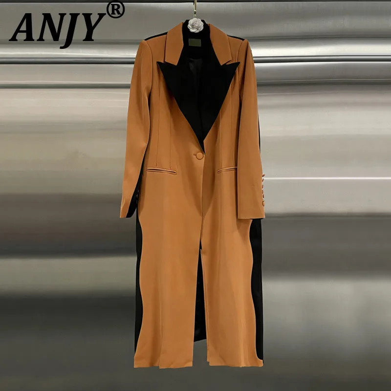 ANJY 2026 Spring Autumn New Women European Fashion Elegant High-End Trench Coat Ins Color Block Split Tide Versatile Chic A19153
