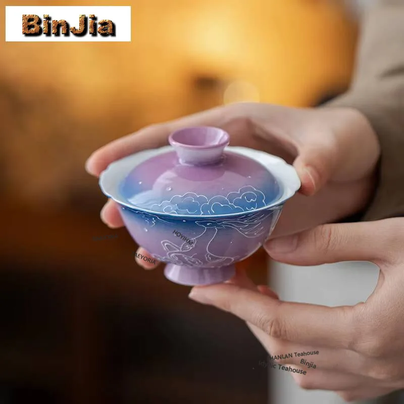 80ml Hand-painted Deer Starry Sky Flower Mouth Gaiwan Creative Tea Tureen Tea Bowl With Lid Kit Tea Brewing Cover Bowl Cafe Gift