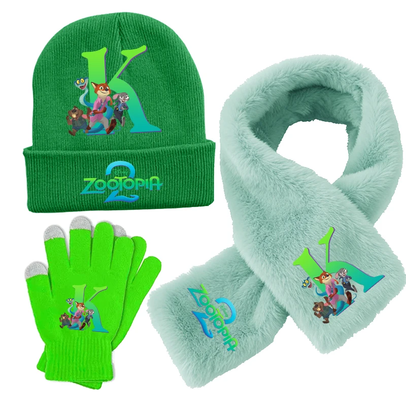 

Zootopia 2 Kids Winter Scarfs Knitted Hat Gloves Letter A-Z Cartoon Touchscreen Gloves Neck Warm Scarves Caps Girl Boy 3pcs Set