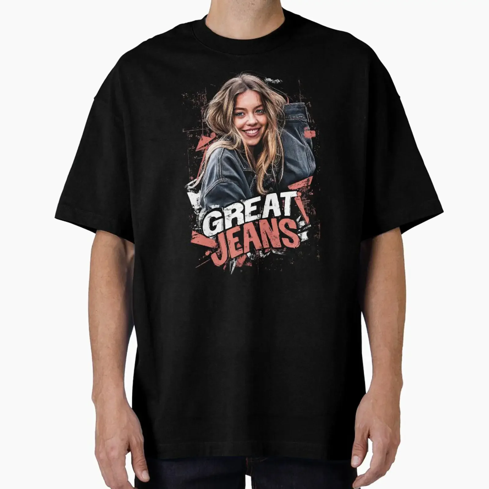 Sydney Sweeney Great Jeans Flirty Smile Celebrity Meme T Shirt Oversized vintage Washed homme Stretched Slightly graphic