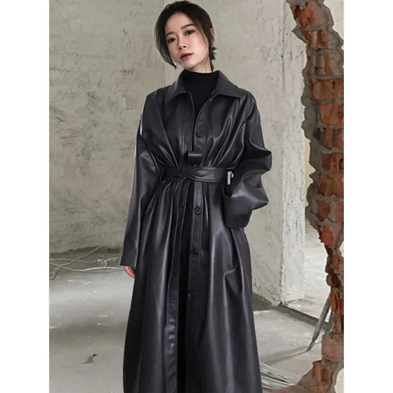 

2023 Women Loose Korean Fashion Wholesale Jacket Belt Single Breasted Overcoat Autumn Long Cool PU Leather Trench Coat Outwear