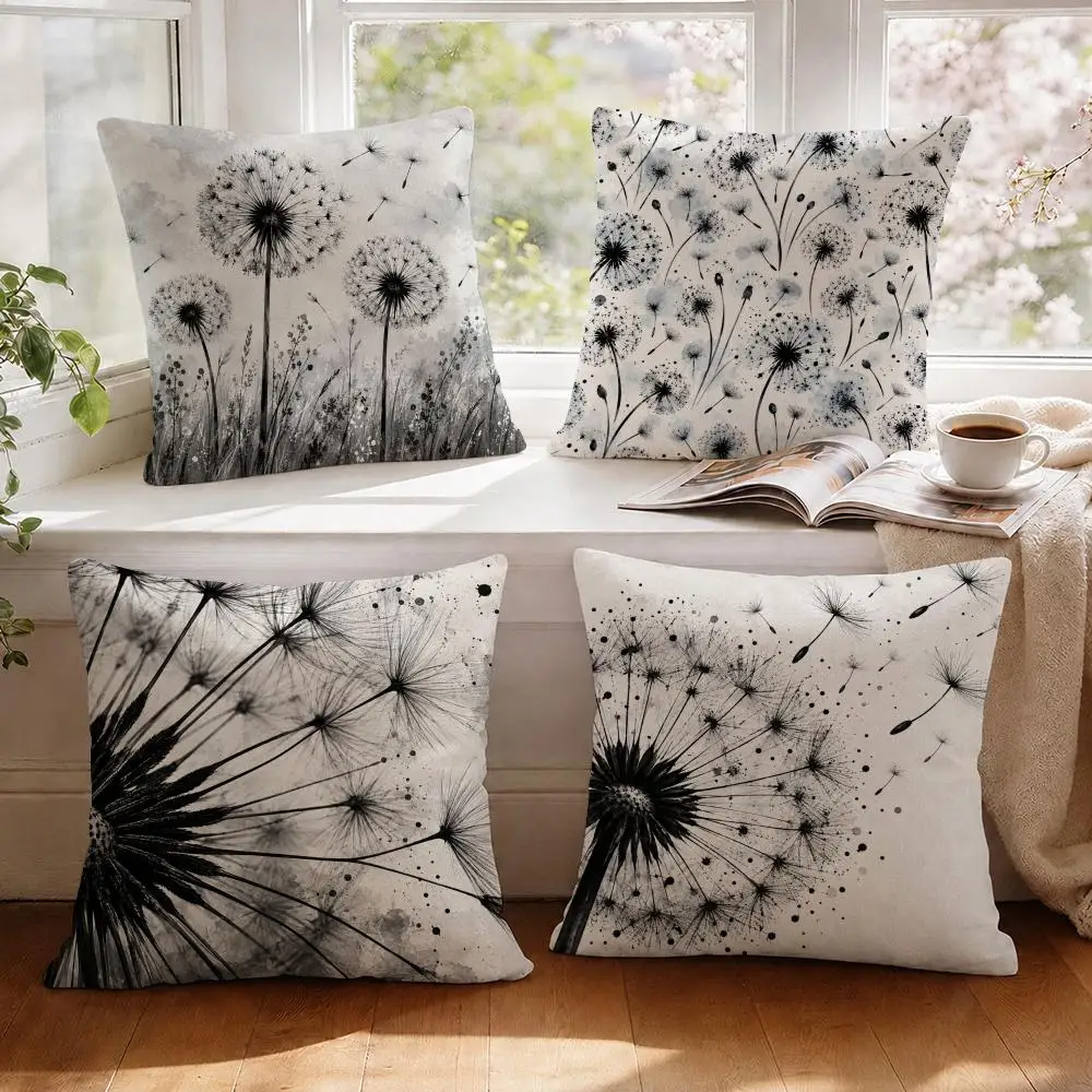 Monochrome Dandelion Cushion Cover 1/4Pcs Linen Throw Pillow Covers Double-Side Print Sofa Couch Living Room Decor