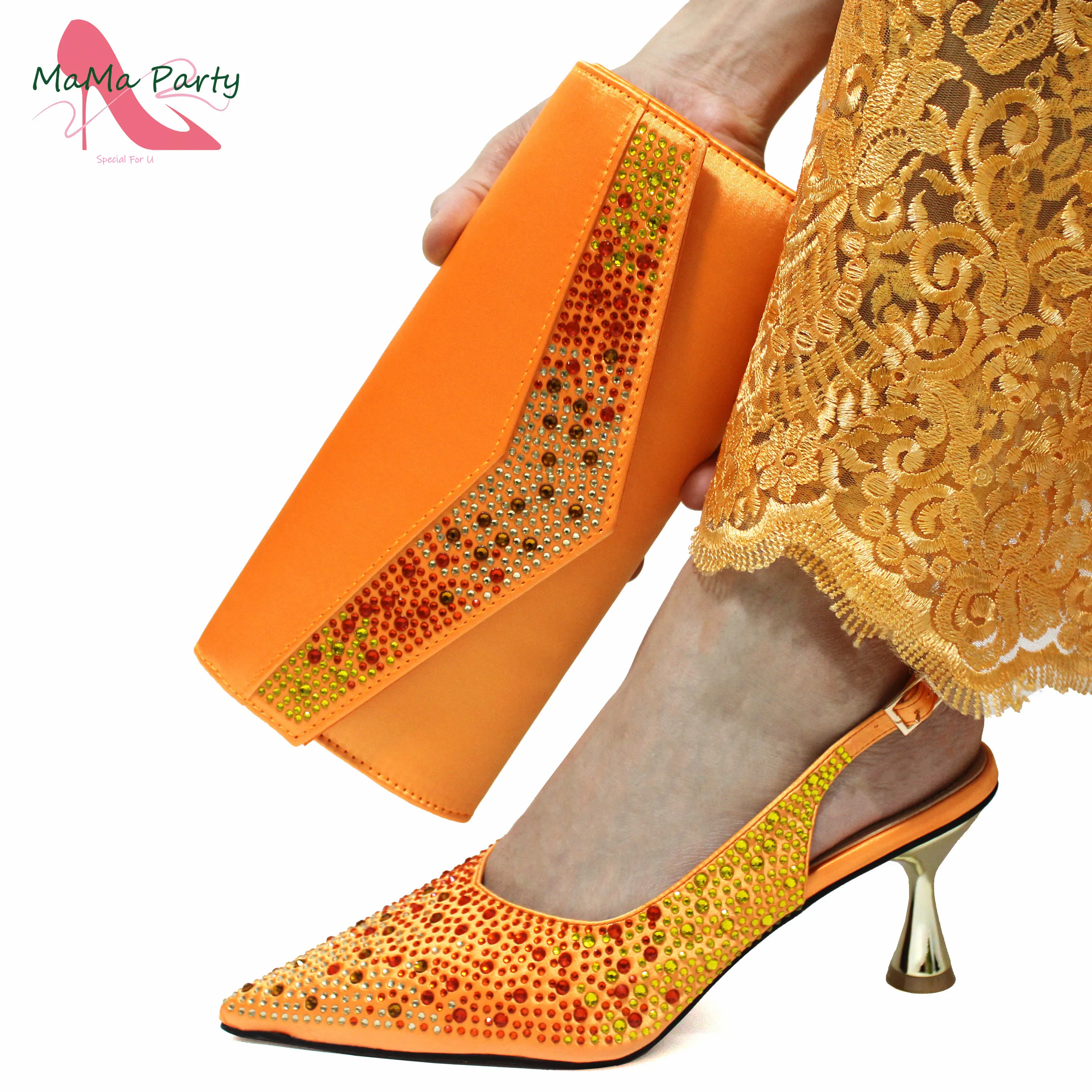 2024 Elegant Women Specials Design High Quality Poited Toe Comfortable Heels with Shinning Crystal in Orange Color for Party