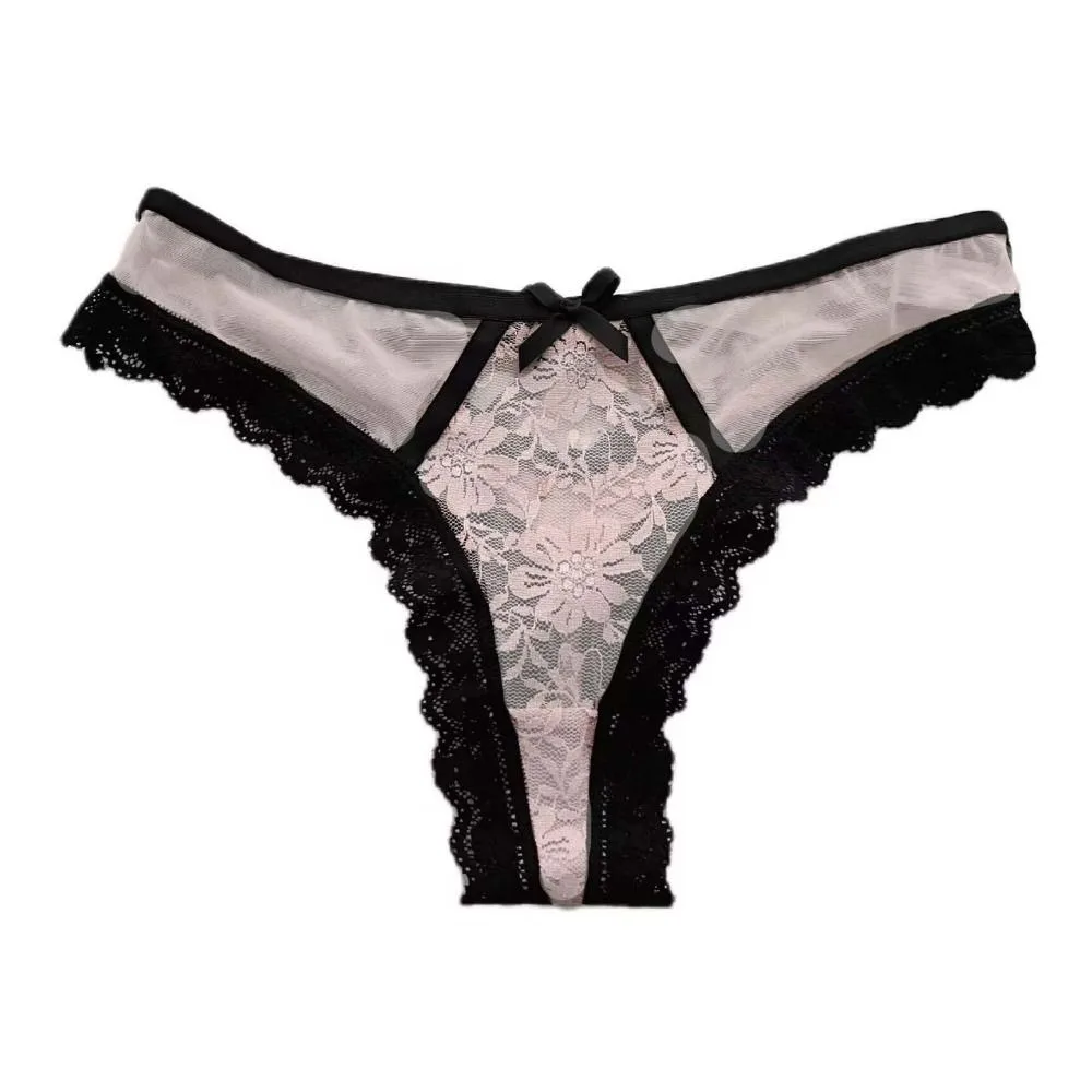 Quick Drye Patchwork Mesh Floral Bowknot Panties Ruffle Thong Lace Flower Transparent Briefs Cotton Crotch Low Waist Lady