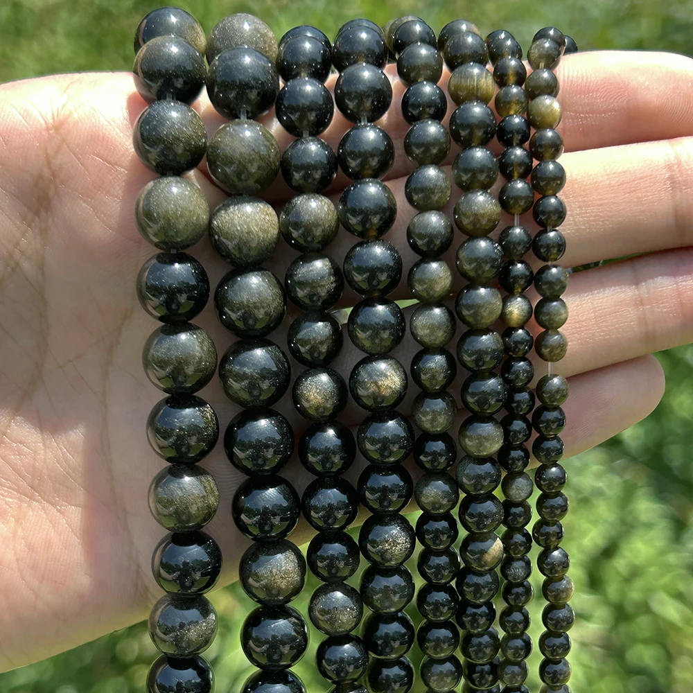 

Natural Black Golden Color Obsidian Stone Beads Round Loose Beads For Jewelry Making DIY Charms Bracelets Accessories 4 6 8 10mm