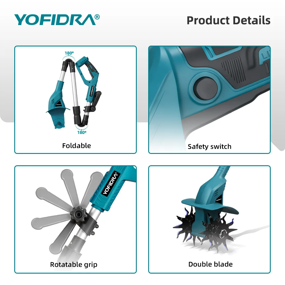 YOFIDRA 200MM Elektrische Gartenfräse Kultivator 180 ° Faltbarer Bodenfräser Rasenmäher für Makita 21V Akku – Detail 6