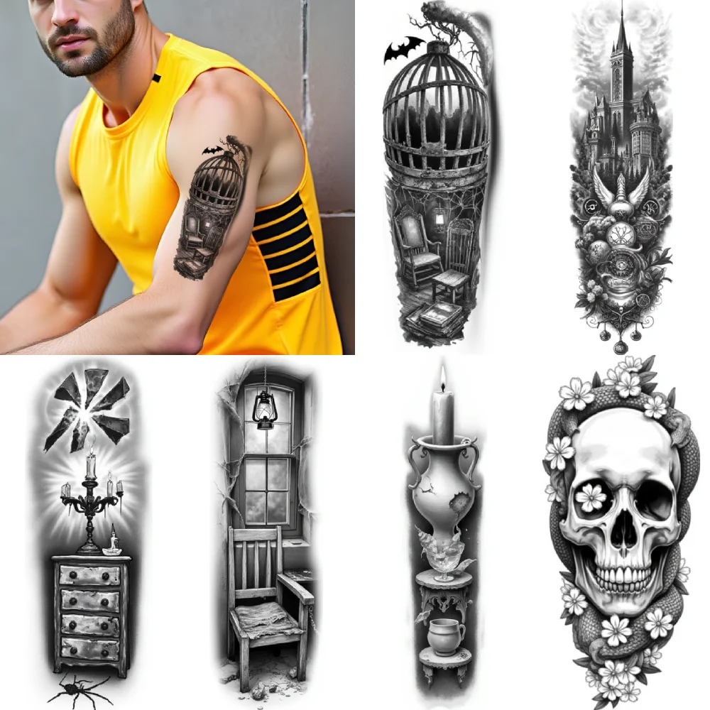 3pcs Temporary Tattoo Candlestick And Drawer Realistic Temporary Tattoos Chair And Window Flowers And Castle For Thighs Men