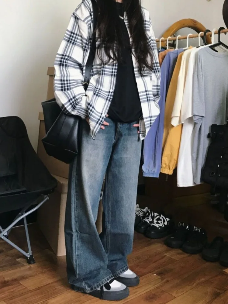 Deeptown Vintage Long Sleeve Plaid Shirts Y2k Woman Korean Style Oversize Blouses Japanese Harajuku Fashion Check Outerwears