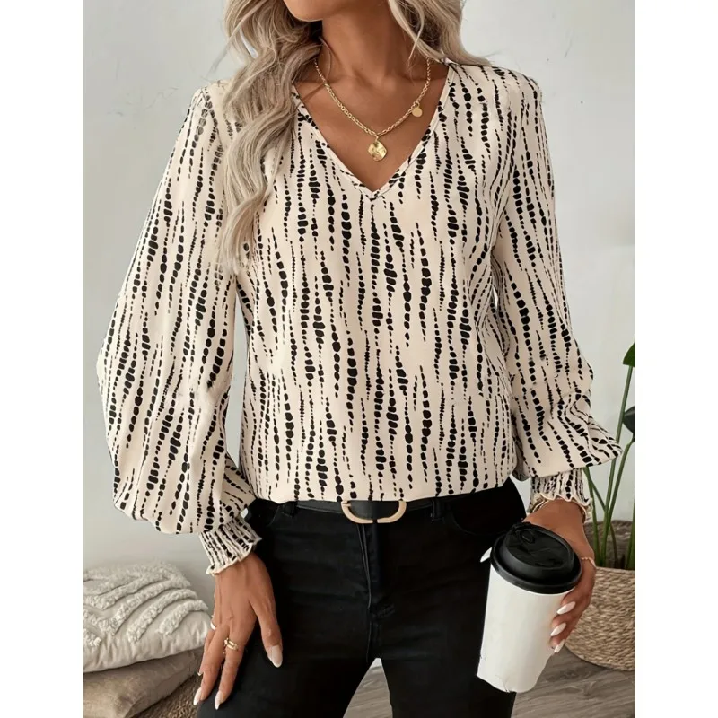Women's Stripes Printed T-Shirt Summer Fashion V-Neck Long Sleeves Loose Casual Tops Female Streetwear Pullover T Shirts Women