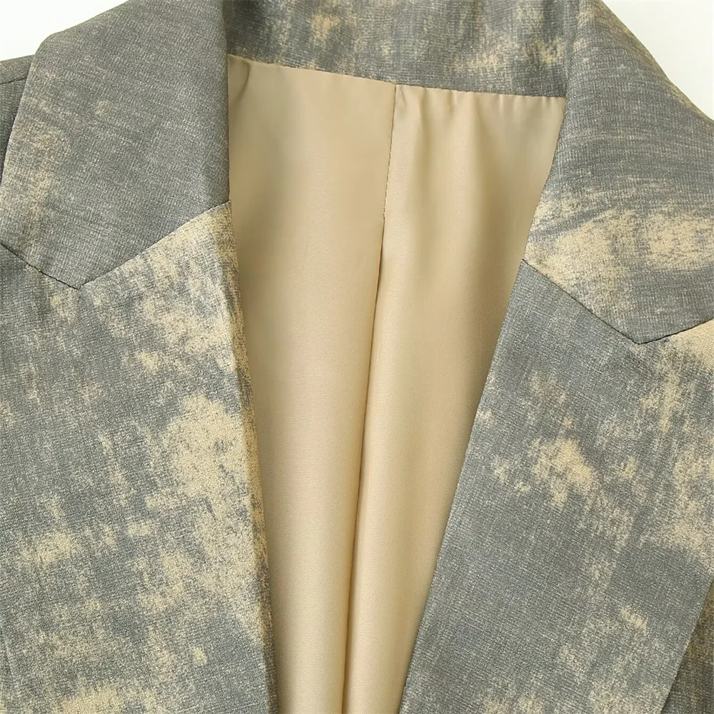 سترة بدلة نسائية غير رسمية جديدة مطبوعة ذات طية صدر السترة وأكمام طويلة وزر واحد