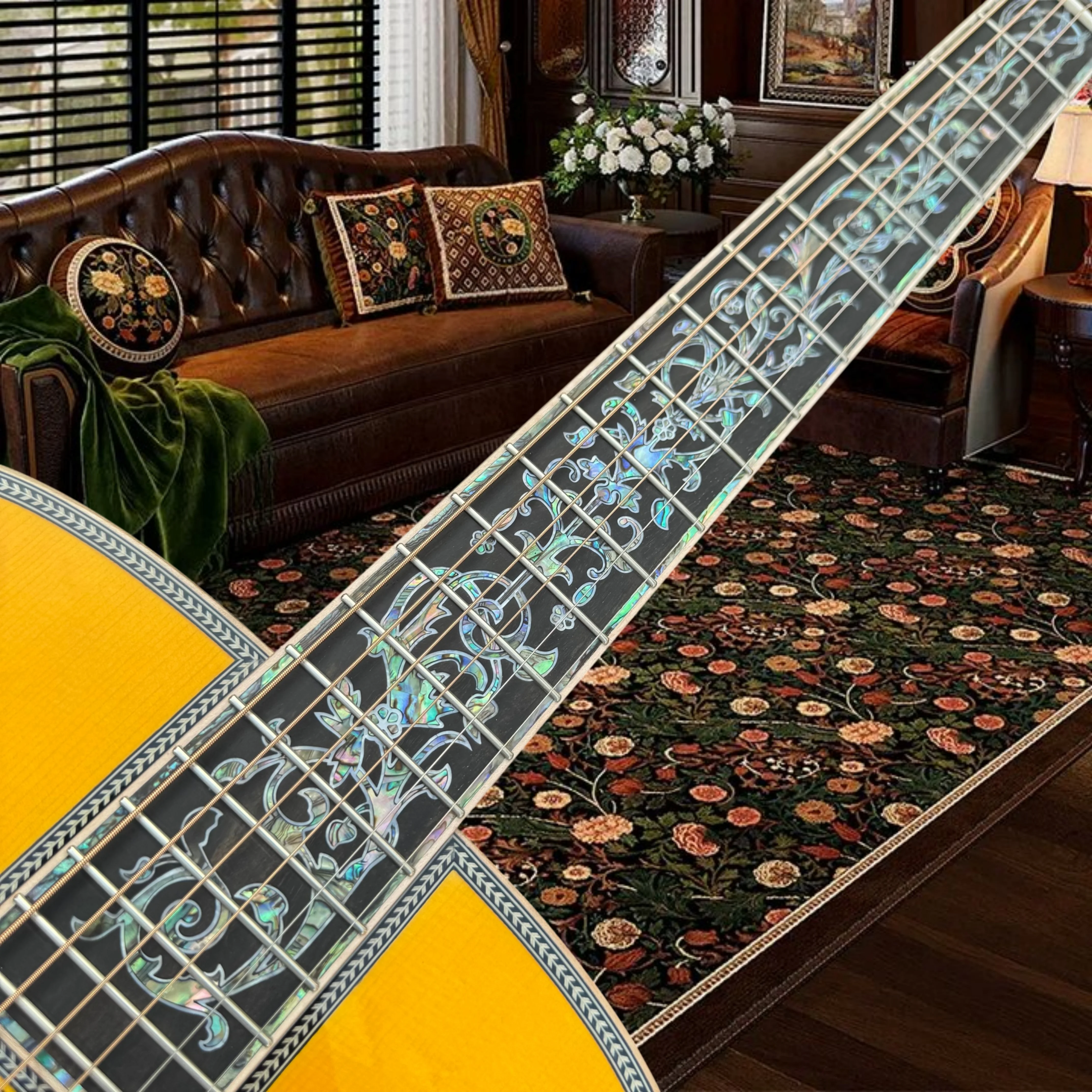 D50 Acoustic Guitar Featuring Full Floral Vine Inlays Fingerboard Shell Floral Pattern Pickguard Indian Rosewood Back Sides