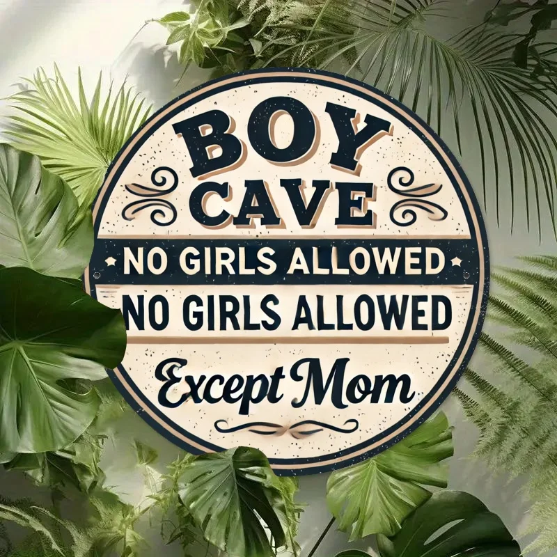 Vintage Round Tin Sign 'Boys Cave, Girls Not Allowed Except Mom' - High-Quality, Rust-Proof & Waterproof, Ideal for Porch, Garag