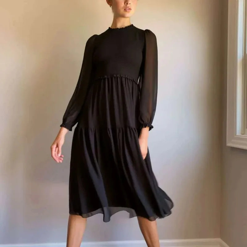 

Stand-up Collar Pleated Slimming Side Invisible Zipper Dress Women