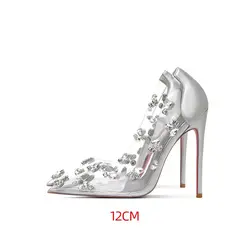 Yang Mi's same silver transparent rhinestone single shoe women's slim heel pointed shallow mouth crystal red sole high heels