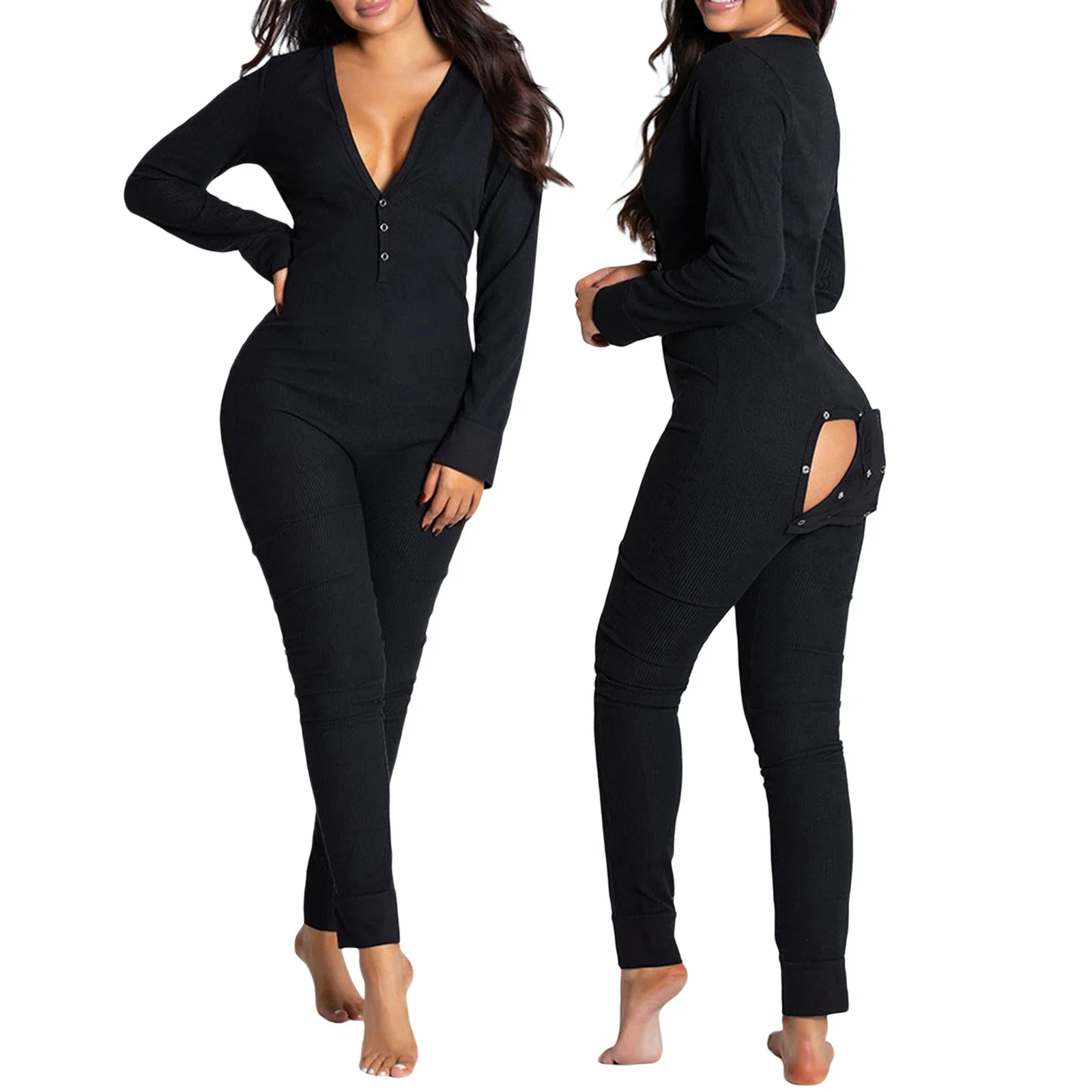 

2025 Women Sleeping Rompers Pajamas Onesies Long Sleeve V-Neck Printed Slim Detachable Crotch Elastic Homewear Jumpsuits