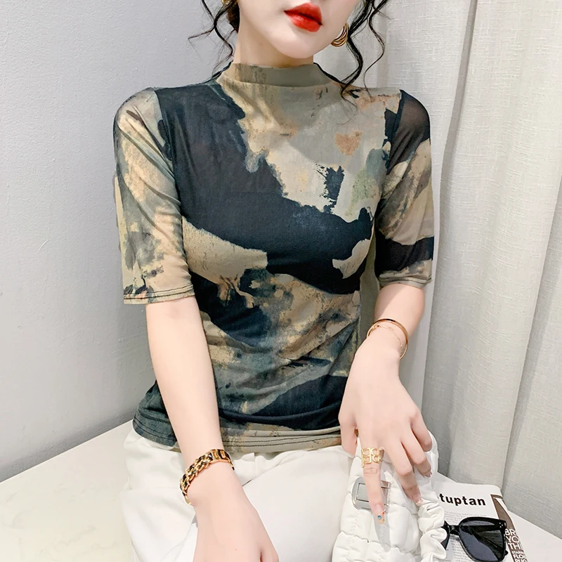 2023 Spring and Summer New Half-high Collar Bottom Shirt Slimming Sexy Five-quarter Sleeve Half-sleeve Top Women Clothes Casual