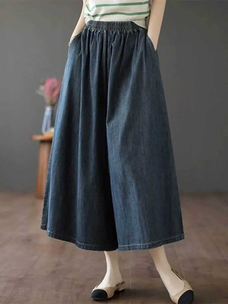 

Художественная свободная джинсовая юбка в стиле ретро, брюки, женские тонкие широкие брюки с высокой талией на семь футов, летние повседневные свободные утягивающие брюки