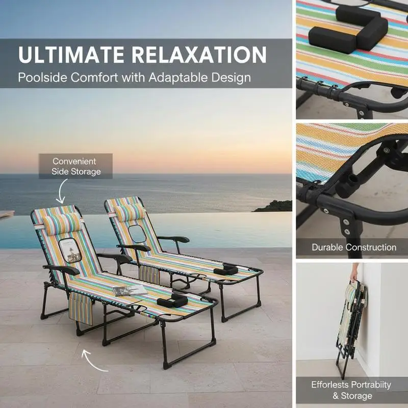 2 Piece Folding Chaise Lounge Pool Chairs with 5-level Reclining Back, Reading Hole, Side Pocket, Rainbow Striped view 2