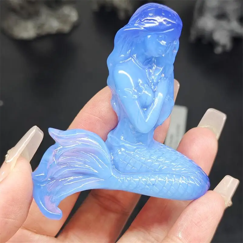Natural Blue Opalite Mermaid Carving Reiki Healing Gemstone Figurine Crafts Home Decor Ornament Gift 1PCS