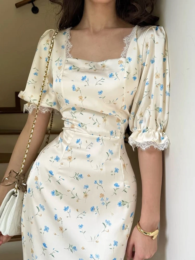 Oniflyme manches bouffantes imprimé fleuri robe Maxi femmes élégant dentelle Patchwork pansement mince robes de soirée dame vacances robes de rue