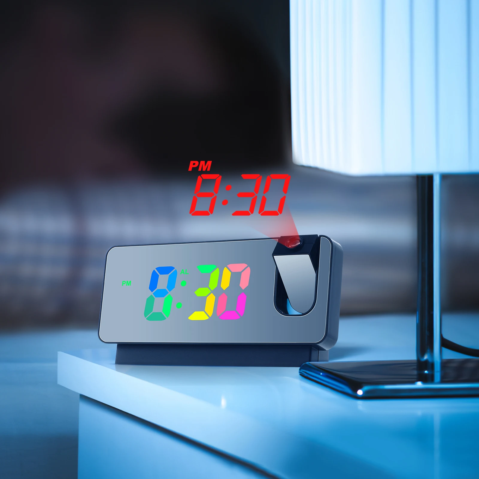 

Projection Alarm Clock LED White Thermometer Bedroom Wall 180° Swivel Silent Real-time Temperature Date Display Electronic