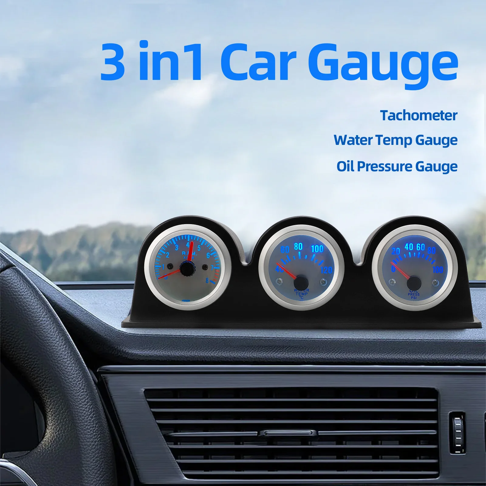 2 بوصة 52 مللي متر مجموعة قياس ثلاثية توربو دفعة مقياس درجة حرارة الماء مقياس سرعة الدوران قياس ضغط الزيت سيارة متر درجة حرارة الماء مقياس تلقائي #6