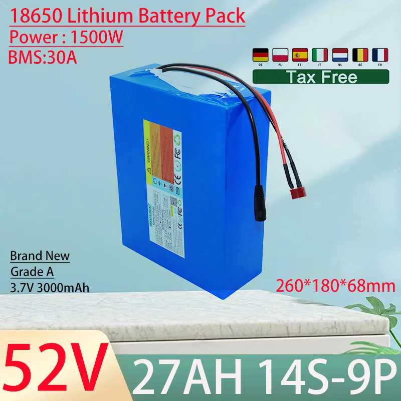 52V 27Ah 18650 14S9P Lithium Ion Battery Pack 1500W Power Tool Batteries Outdoor Backup Batteries With 30A BMS+58.8V 5A charger