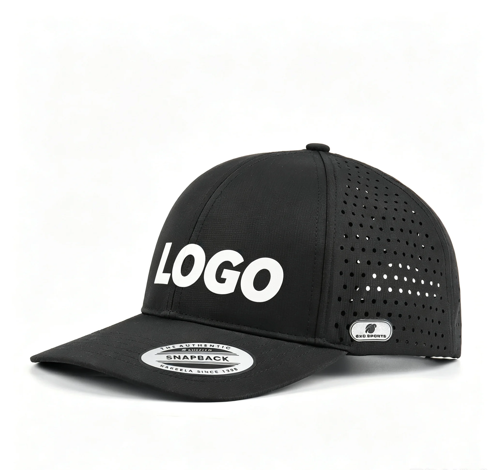 Custom OEM 6 Panel Golf Cap Waterproof Laser Perforated Hole Baseball Hat with Rubber Patch Lightweight Outdoor Sport Cap
