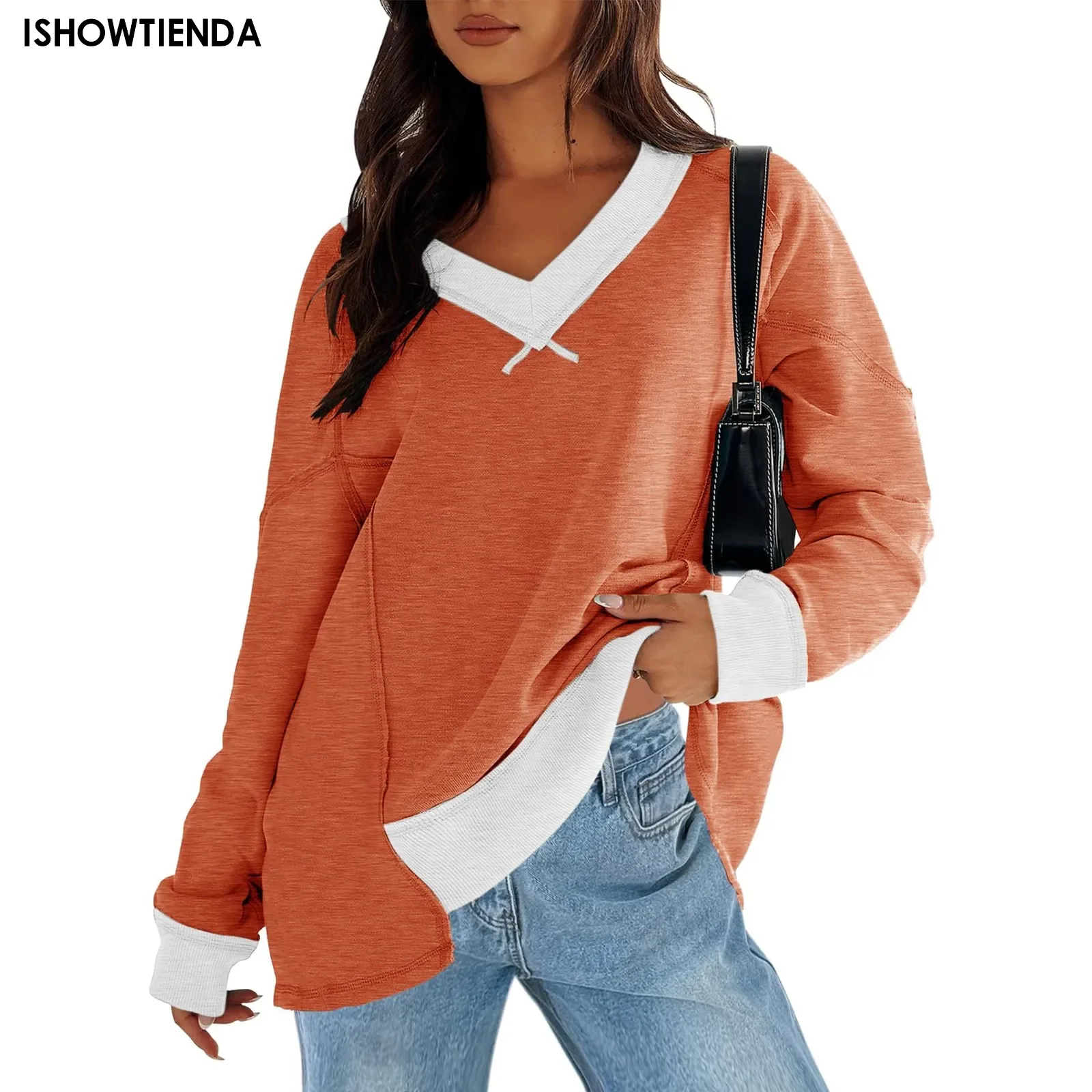 

2024 New Women's Oversized Striped Color Blocking Long Sleeved Round Neck Sports Shirt Casual Loose Fitting Pullover Shirt Top