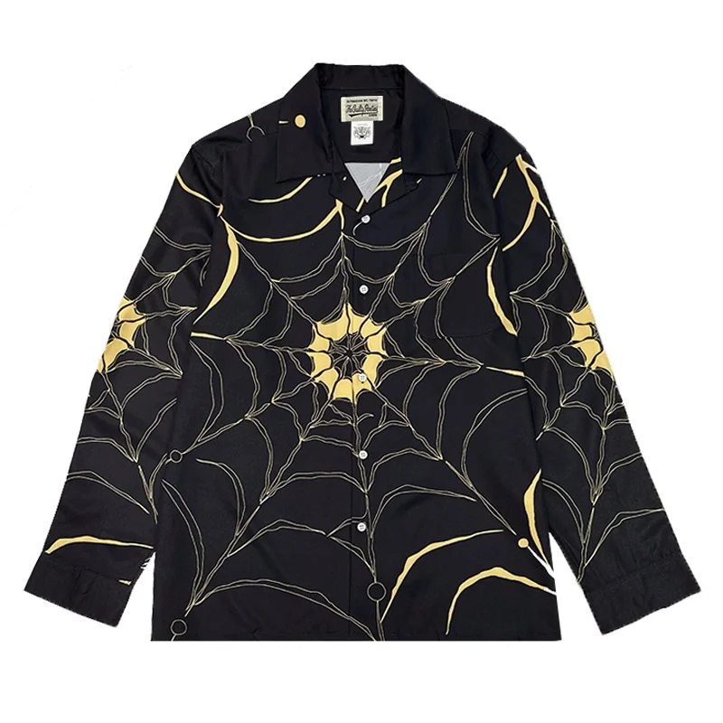 Trend White Black WACKO MARIA Best Quality Print Spider Web Long Sleeve Shirt Vintage Mens Womens Hip Hop Shirt
