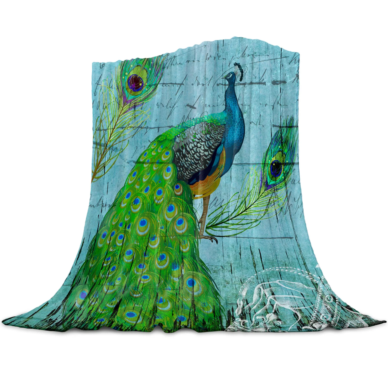 Peacock Wood Grain Feather Retro Printed Throw Blanket Flannel Fleece Blankets Soft Throws for Sofa Couch Bed Bedroom Bedspread