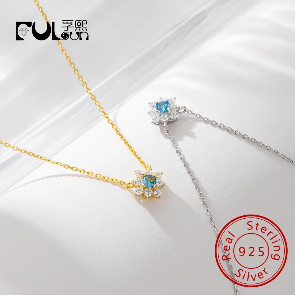 

Топаз синий циркон цветок стерлингового серебра 925 пробы 14 К позолоченный кулон ожерелье для женщин ювелирные изделия