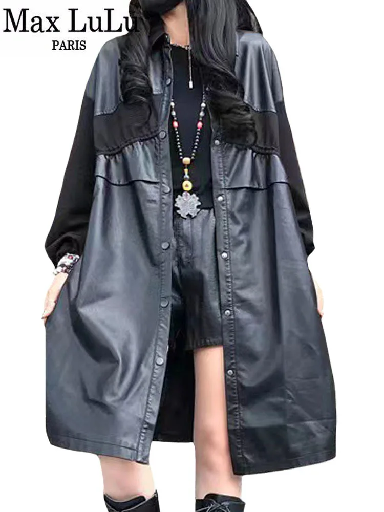 Max LuLu 2022 Fall Fashion Long Windbreakers Womens Loose Vintage Black Faux Leather Trench Coats Ladies Casual Punk Pu Jackets