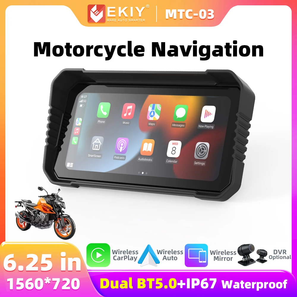 

EKIY Motorcycle Navigation Wireless CarPlay Display Screen Portable Motorcycle Wireless Android Auto Moto Monitor DVR Dual BT5.0