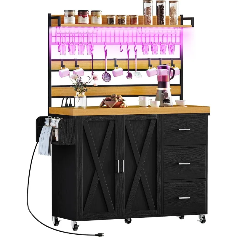 رف الخبازين مع مخرج طاقة وإضاءة LED، حامل ميكروويف مقاس 53 بوصة مع خزانة تخزين وعداد سميك، بيت المزرعة