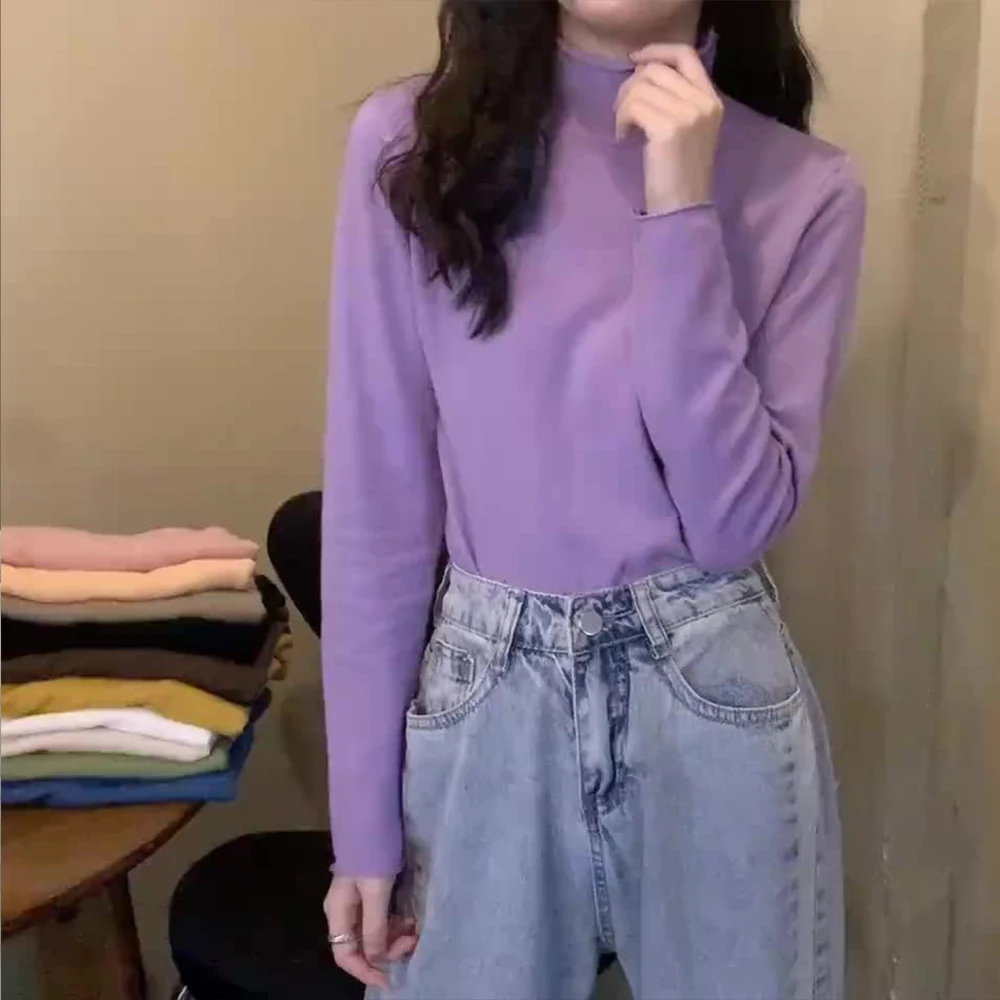

Bottoming Shirts For Women Slim Ladies Basic Sweater Blouse Tees Female S-2XL Size Tops High Collar Loos Sleeve Harajuku Solid