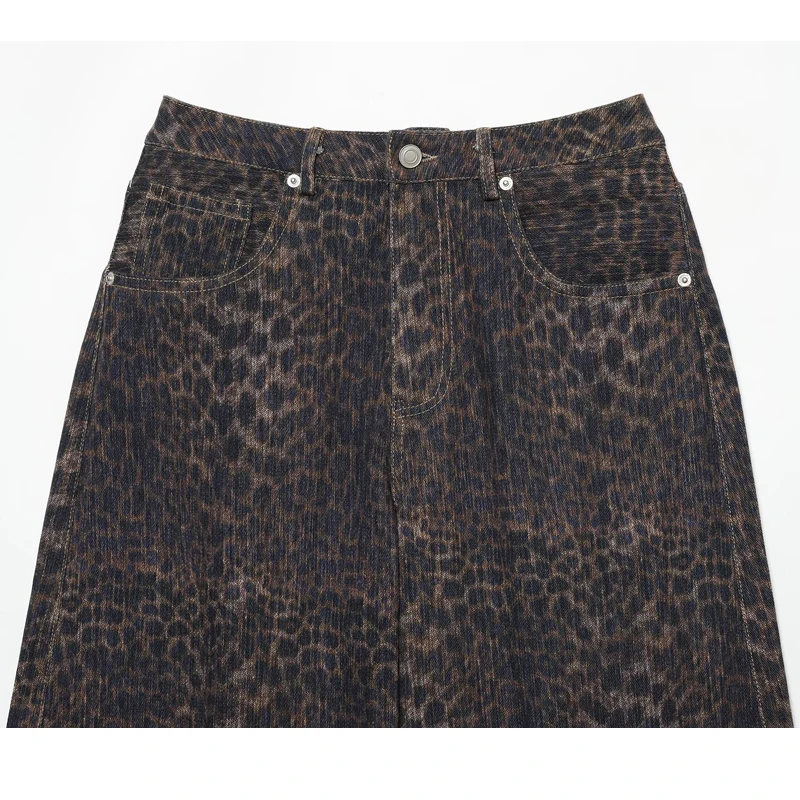 Damenhose mit Leopardenmuster, Damenjeans mit mittlerer Bundhöhe, braune, Vintage-Jeans mit weitem Bein für Damen, lässige Jeanshose, Streetwear. – Detail 10