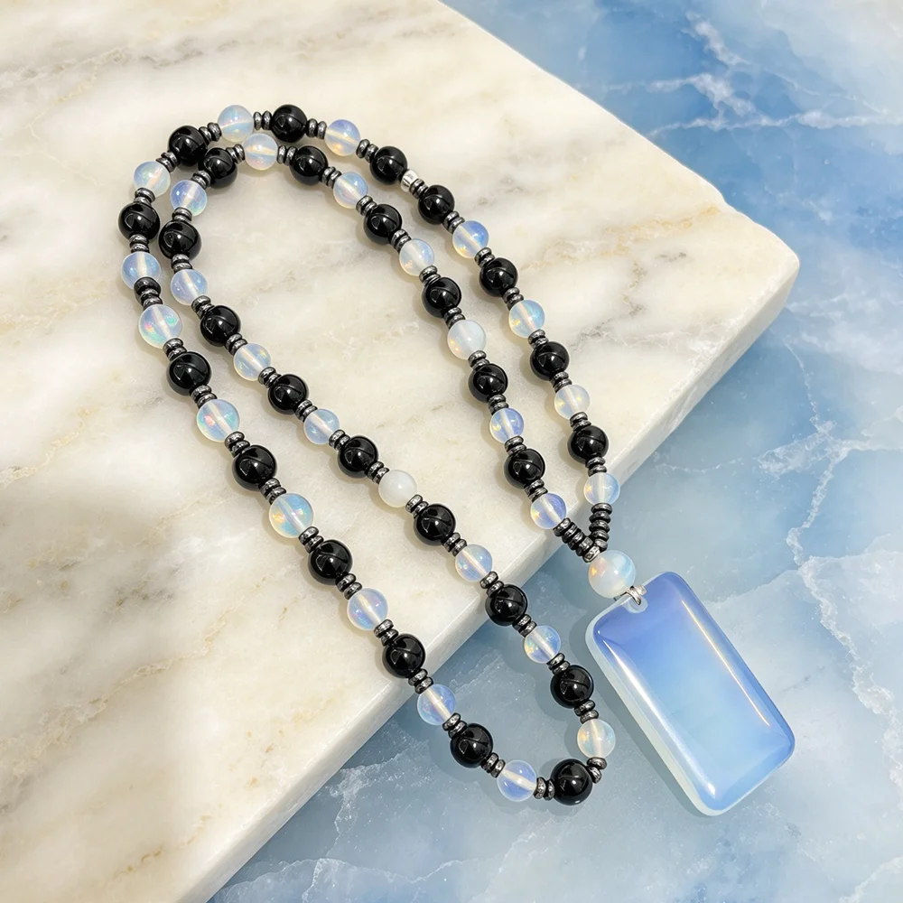 Long Opalescent Blue Opalite Rectangle Pendant Beaded Necklace, Hypoallergenic Unisex Minimal Casual Birthday Anniversary Gift