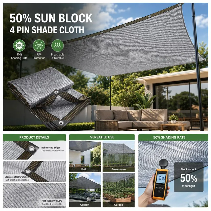 4Pin Grey Sun Shade Net, HDPE UV‑Resistant Sunscreen Shade Cloth, Breathable Tear‑Resistant Outdoor Shading Mesh Netting, Multi‑Purpose Sun Block Cover for Garden, Balcony, Patio, Swimming Pool, Greenhouse Plants and Backyard Outdoor Use