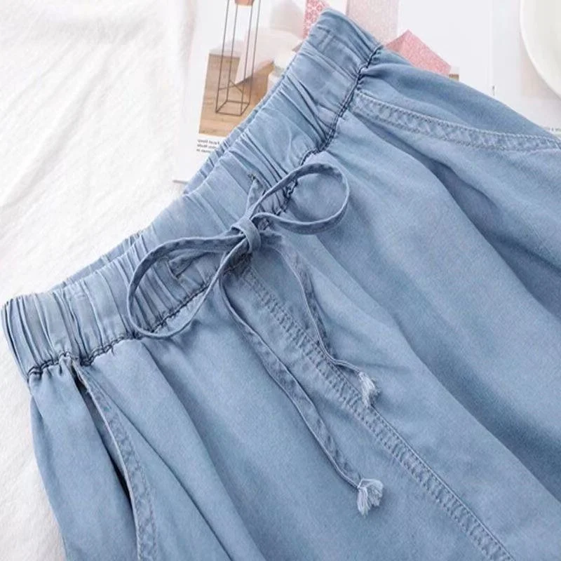 Ice Silk Denim Women's Shorts 2024 Summer New Loose Drawstring Sagging Elastic Waist Wide Leg Short Hot Pants Ropa De Mujer