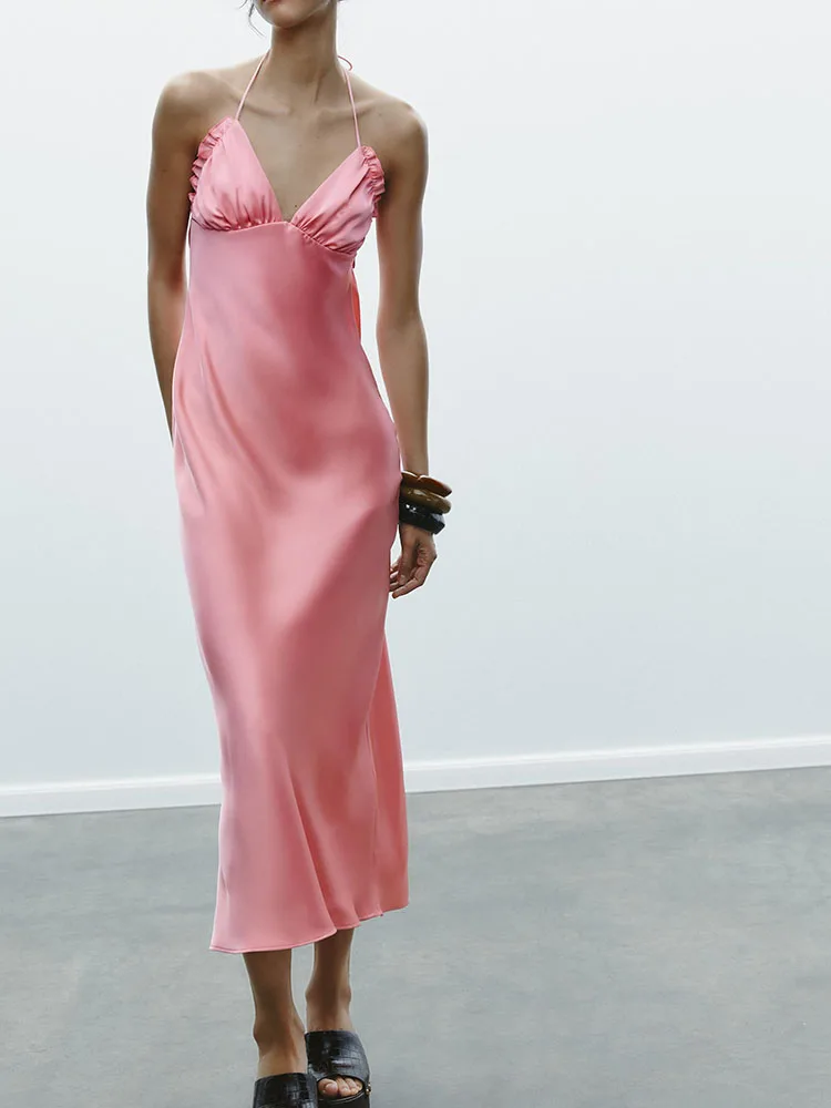 Ele Zijde Satijn Lange Dr Lente Nieuwe Collectie Dames Hoge Taille V-Ne Svel Jurk Hangend Ne Design