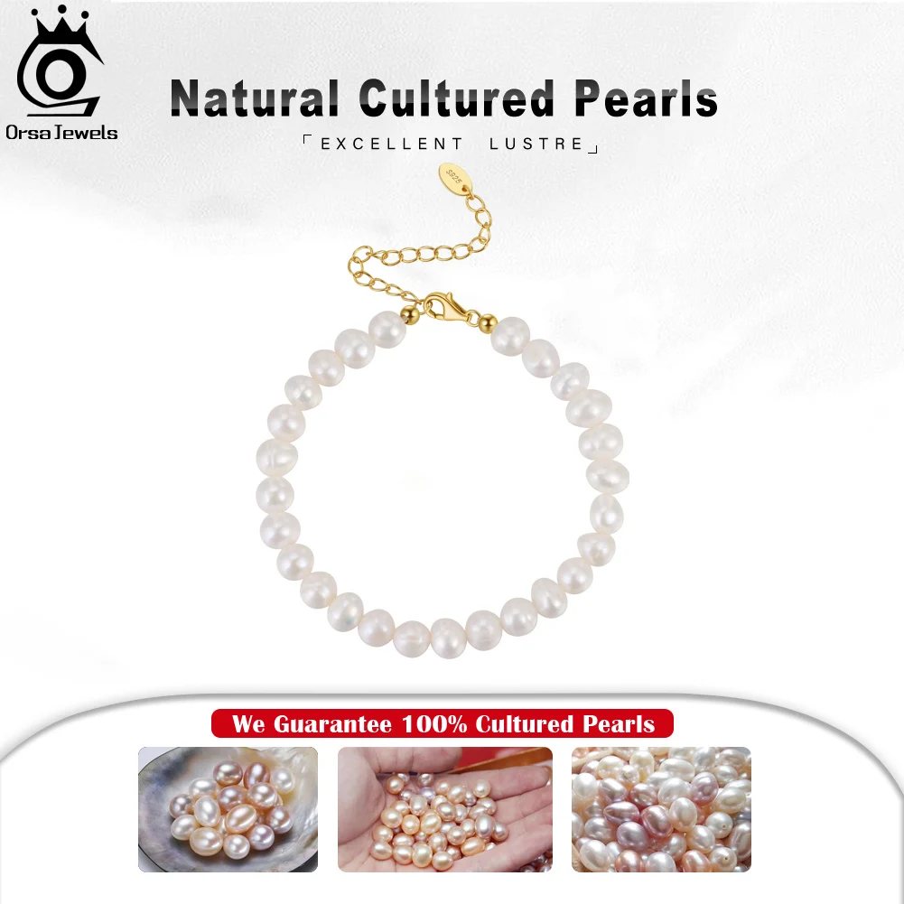 ORSA JEWELS 925 Sterling Silver Bracelet with 14k Gold Rice Natural Freshwater Pearl Chain Bracelet for Women Jewelry GPB10