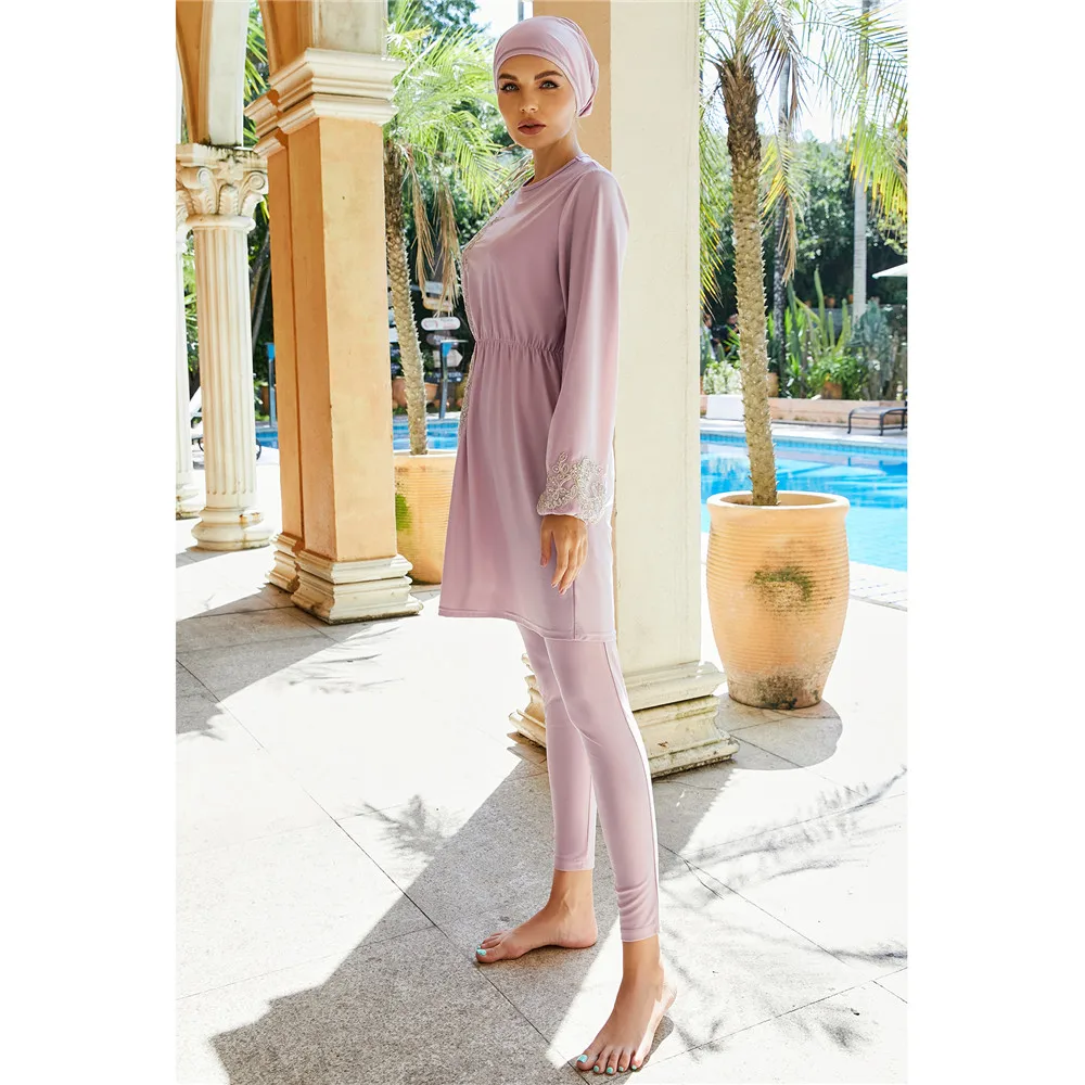 3 Piece Arab Burkini Modest Women Muslim Hijabs Swimsuit Long Sleeve Tops Pants Hat Swimwear Set Islam Beachwear Suit Full Cover