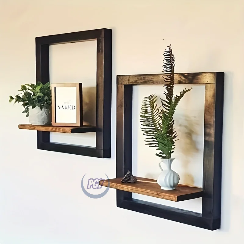 

2pcs Vintage Wooden Wall Shelves Black Square Display Racks for Photos Candles Flowers Albums and Potted Plants Home Decor Shelf