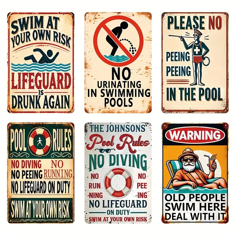 2D Flat 6pcs Fun Pool Rules Metal Iron Signs Wall Decor Suitable for Backyard Patio Outdoor Area Family Garden Pub Vintage Decor