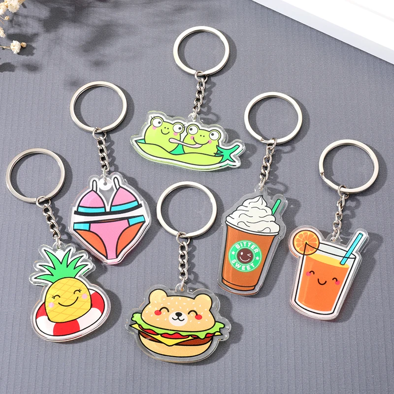 1Pc Cute Acrylic Animal Hamburger Keychain Keyring For Women Gift Fashion Simple Fruit Drink Juice Pendant Bag Car Box Key Chain