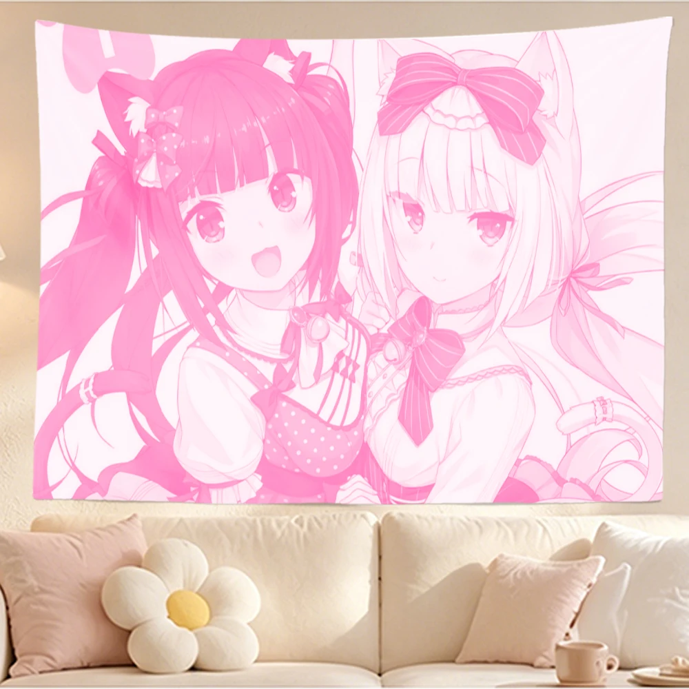 Pink Cartoon Cat Ears Girls Print Tapestry Cute Kawaii Pastel Wall Hanging Cloth Bedroom Dorm Home Decor Room Decoration Gift