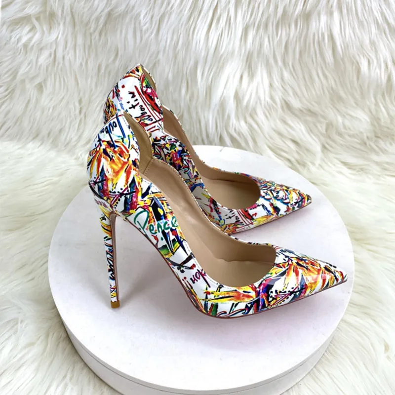 New Colorful Graffiti Celebrity High Heels 12CM Pointed Thin Heels Shallow Mouth Women Shoes